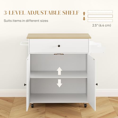 HOMCOM Kitchen Island with Drop Leaf, Rolling Kitchen Storage Trolley on Wheels with Drawer, Spice Rack and Towel Rack, Storage Cart with Adjustable Shelf, White - Image 5