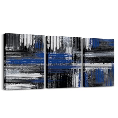 Feelyou Geometric Artistic Smear Wall Art for Home Decor, Abstract Blue and Black Picture Wall Decor Ombre Blue Canvas Wall Art for Living Room Bedroom Abstract Graffiti Art Wall Painting