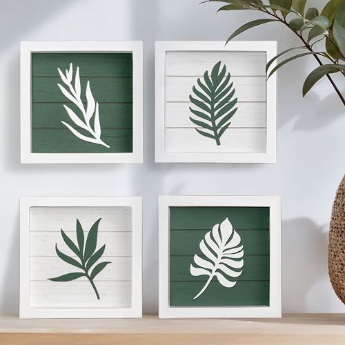 3D Green Botanical Wall Art (Framed Set of 4) Lightweight, Ready-to-Hang Leaf Decor - Wooden Minimalist Boho Wall Art for Bathroom, Bedroom, Living Room or Office - Farmhouse Plant Artwork, Gift-Boxed