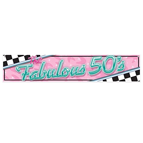Beistle 5' Wide 1950's Theme Plastic The Fabulous 50's Banner With Grommets For Hanging, Sock Hop Party Decorations, Indoor/Outdoor Use by Beistle - Used condition - US$12.26