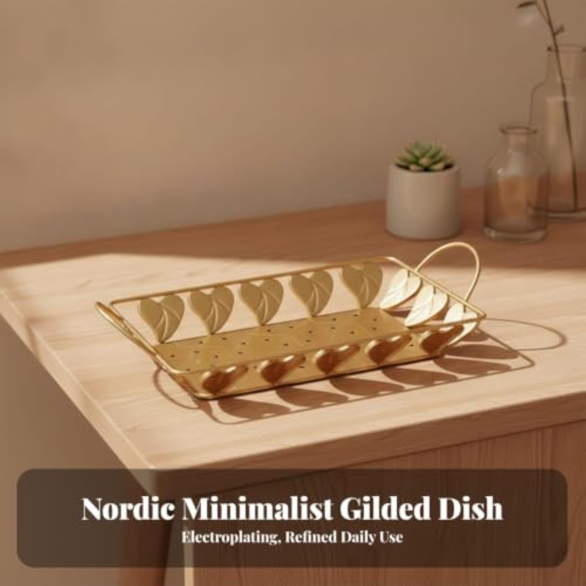 Rectangular Metal Tray with Handles, Decorative Gold Vanity Design