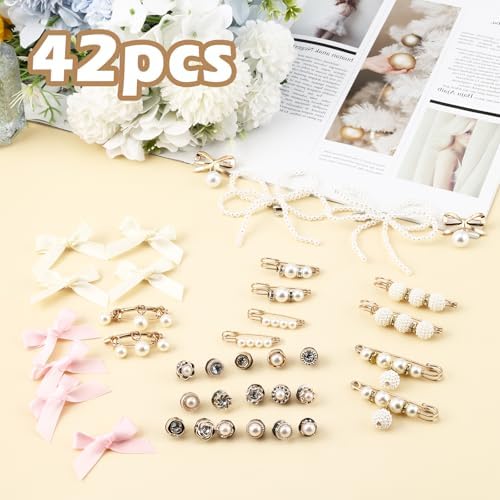 42Pcs Shoe Charms for Sneakers Gold Junk Socks Charms Kit Bulk Assorted Shoe Lace Charm Pearl Bow Brooch and Pins for Women Safety Pin Jewelry Accessories Button Pins for Sock Shoes Clothes Hat Scarf - 3