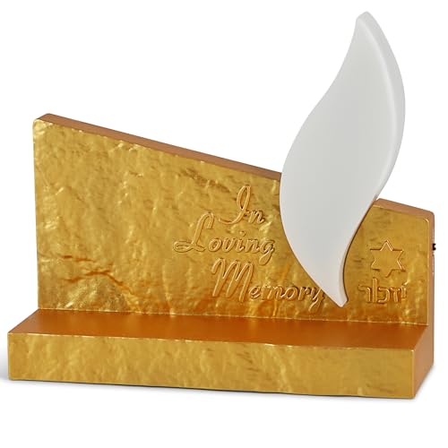 Image of Zion Judaica Yom Kippur LED Yizkor Candle Memorial Lamp - Gold Tombstone in Loving Memory Star of David Dual Powered USB /Batteries Flameless Yahrzeit Candle