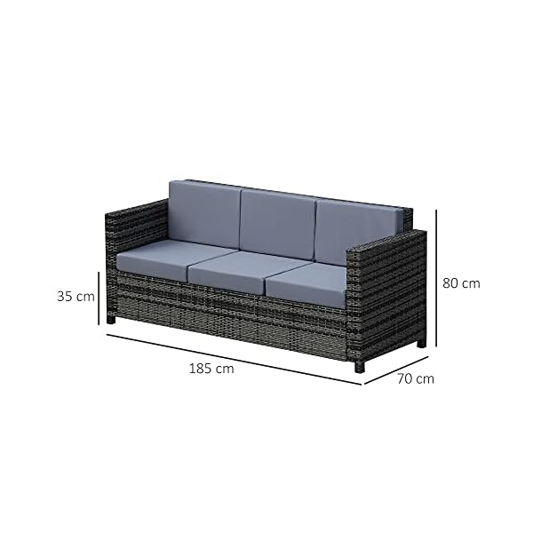 Outsunny 3 Seater Rattan Sofa All-Weather Wicker Weave Metal Frame Chair with Fire Resistant Cushion - Grey - Image 3