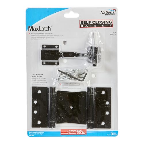 National Hardware N343-475 Self-Closing Gate Kit with Black Steel Hinges and Latch for Wood Vinyl Steel Gates 50 lbs Capacity WeatherGuard Protection Mounting Hardware Included