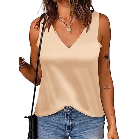 Blissshow Tank Tops for Women V Neck Silk Summer Satin Sleeveless Blouse Basic Camisole Shirts White Medium Cover