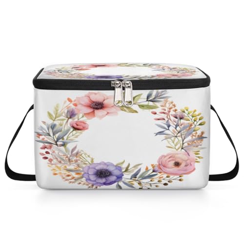 GzLeyigou Floral Wreath Lunch Bags for Women Men 9 Cans, Hot & Cold Food Delivery Bag Insulated Grocery Bag Insulated Lunch Box Beautiful Flower Cooler Bag for Office Work Picnic Beach