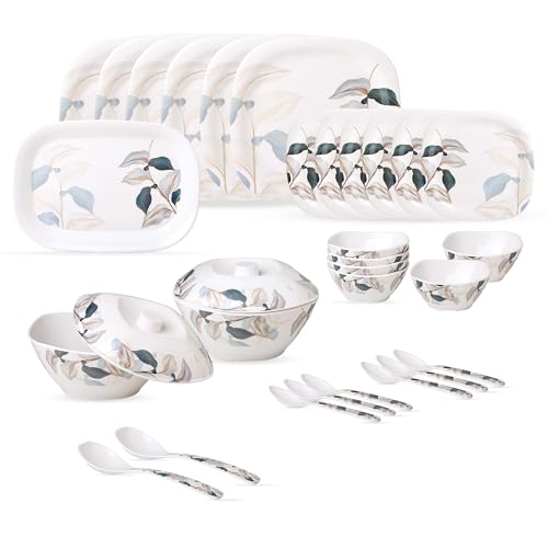 Image of Golden Fish 31 Pcs Complete Dinner Set for 6 with Rice Plate | 6 Full Plates, 6 Quarter Plates, 6 Veg Bowls, 2 Donga with Lid, 2 Serving Spoons & 6 Eating Spoons | Full Meal Serving Combo