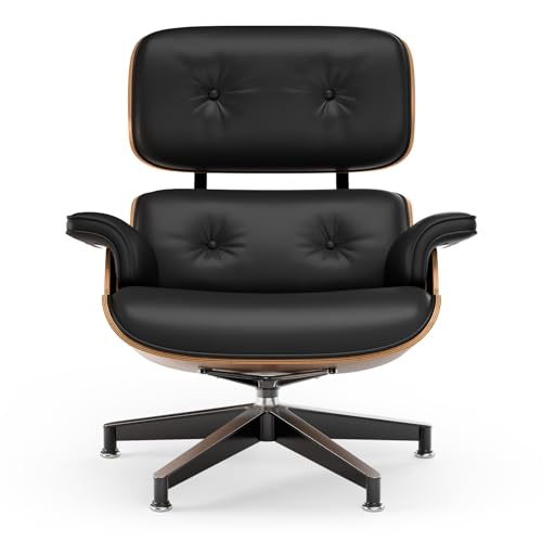 Image of Top Black PU Leather, Mid Century Chaise Lounge Chair and Ottoman, Modern Chair Classic Design, Walnut Wood, Heavy Duty Base Support for Living Room Office