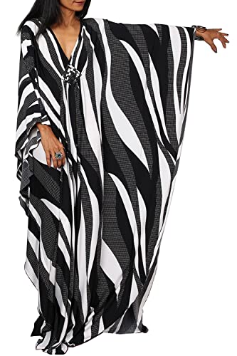 L-Peach Women Bohemian Kaftan Maxi Loungewear Nightgown Kimono Oversized Sleepwear Beach Dress Cover ups, B Black White Zebra, One Size