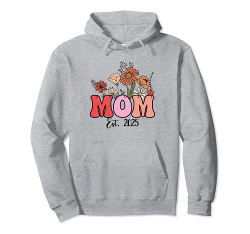Flowers Groovy Retro Mom Est 2025 New Mom Embarazo Sudadera con Capucha