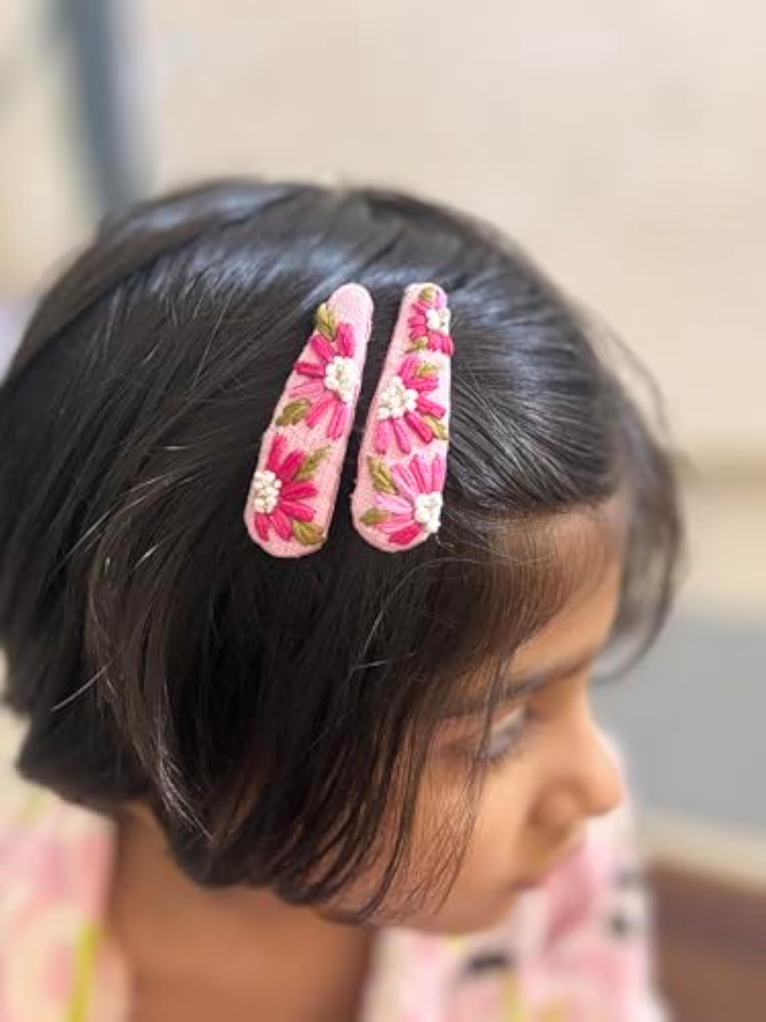 Pink Floral Hand Embroidered Hair Bow & Tic Tac Clip Set
