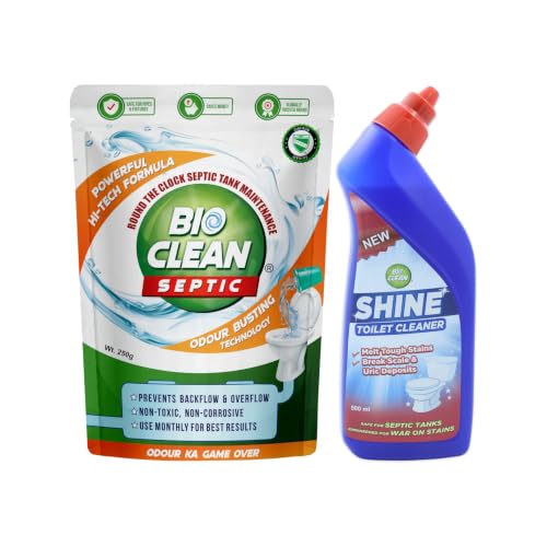 Image of Bioclean Septic Tank Cleaning Powder 250gm + SHINE Toilet Cleaner 500ml | Septic Tank Cleaner Bacteria Powder, Sludge Remover & Odour Control | Odour Remover Combo