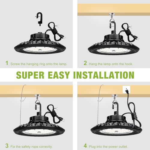 YXL UFO LED High Bay Lights 240W 36000LM, 0-10V Dimmable AC100-277V DLC/ETL Listed 5000K Daylight. High Bay Led Lights for Warehouse Factory Workshop Barn Garge - with 5ft US Plug & Hook, Safety Rope by YXL - Image 2