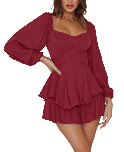 Image of LYANER Women's Jumpsuit Lantern Long Sleeve Ruffle Layer Tie Mini Short Romper