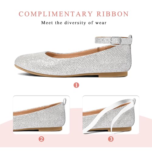 K Komforme Girl'S Ballerina Flat Ankle Strap Dress Ballet Flat Shoes (Toddler/Little Kid/Big Kid) For Wedding Party School Silver Glitter thumb #1