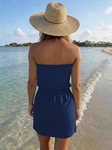 Image of Summer Dress for Women Strapless Beach Cover Ups Boho Sundress Mini Dress Drawstring Waist with Pockets