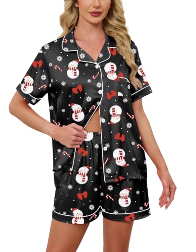Image of Schbbbta Women Pajamas Set, 2 Pieces Satin Silk Button Down Pjs Short Sleeve Outfits Loungewear