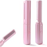 2 in 1 Wireless Hot Comb Hair Straightener, Portable Electric Press Ceramic Heat Comb for Wigs, Black Hair & Beard (Pink)