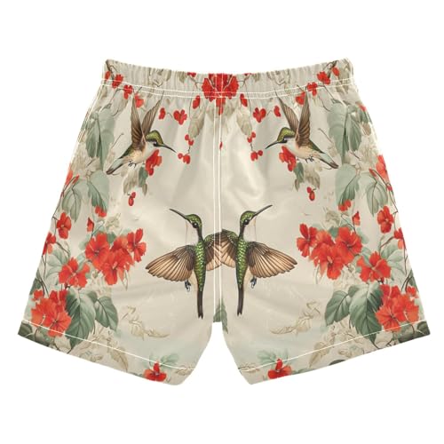 Jucciaco Boys Beach Board Shorts Hummingbird Red Flower Swim Trunk Teen Swimwear