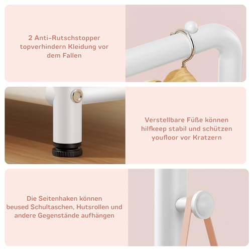 ZHKINGGS Kinder Garderobe Kleiderständer 80×30×125cm, Kinder Kleiderständer mit 2 Haken + Aufbewahrungskorb, U-förmiges Basisdesign, Kindergarderobe für Kinderzimmer