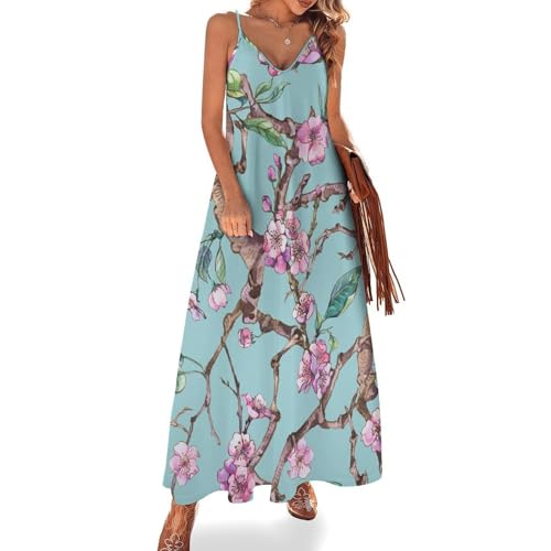 Robe longue fleur rose pour femme sans manches style été maxi