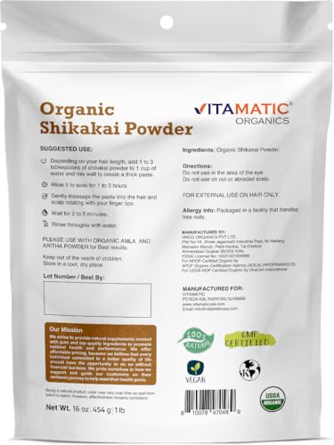 Image of Vitamatic Certified USDA Organic Shikakai Powder - 1 lb (16 oz) Supports Healthy Scalp, Hair Growth & Shine
