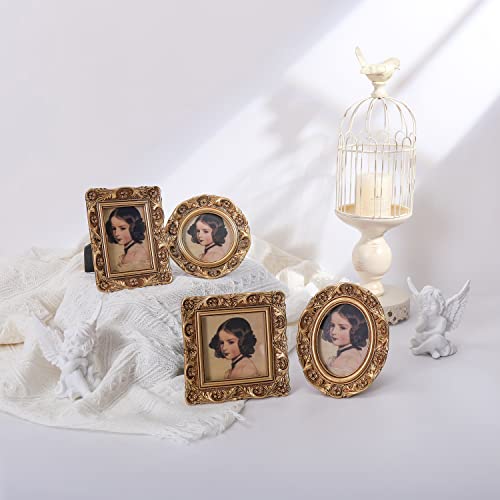 Vinlife Vintage Picture Frames Set 3X3 Inch For Wallet Size Pictures Round Retro Pic Frames In Gold With Antique Embossed Floral Design For Wall Mount Or Tabletop Display Old-Fashioned Ornate Home Decor Ideal Gift Real Glass Front #TOP4