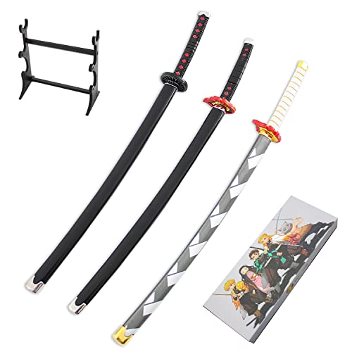 Oppulents demon slayer mini toy swords - action figure pack of 3 swords with display stand anime swords for collection & gift purpose anime sword tanjiro sword kimetsu no yaiba sword (Tanjiro Rengoku)