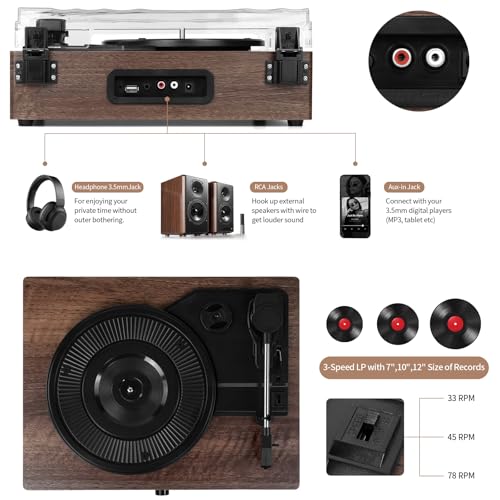 Image of Vinyl Record Player Turntable with Built-in Bluetooth Receiver & 2 Stereo Speakers, 3 Speed 3 Size Portable Retro Record Player for Entertainment and Home Decoration