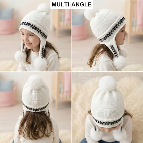 Image of Kraptick Children's Winter Cap: Velvet Thick Warm Woolen Knit Hat with Ear Protection for Children Stylish Korean Beanie with Long Pompom Ears & Fleece Lining Perfect for Winter -4