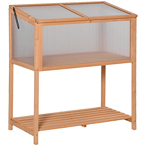 Preisvergleich Produktbild Outsunny Hochbeet aus Holz Frühbeet Gewächstisch Kräuterbeet Pflanzkasten für Garten, Balkon und Terrasse Orange Tannenholz PC-Platte 90 x 51 x 103 cm