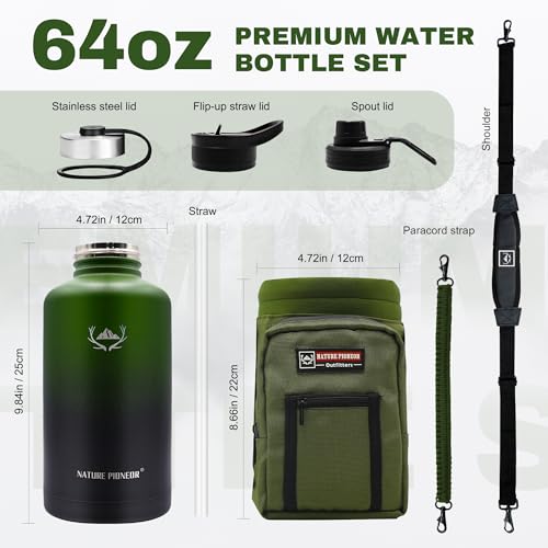 Image of NATURE PIONEOR 64 oz Insulated Water Bottle with Carrier Bag & 3 Lids