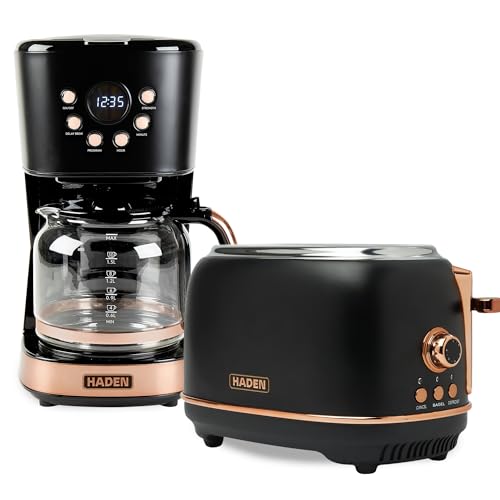 HADEN Heritage 2 Slice Wide Slot Stainless Steel Toaster Bundled with 12 Cup Programmable Drip Coffee Maker Coffee Machine, Black & Copper