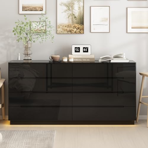 Image of Hitow Bedroom Dressers with 8 Drawers, Wooden Wide Dresser with Light, Modern Black Dresser for Bedroom, Double Dresser Chest of Drawers, High Gloss, LED Light, Black, 63”W x 15.7”D x 30.9”H
