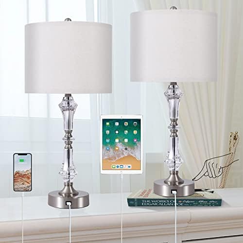 Touch Table Bedroom Lamps Set of 2, Tall 27" Table Lamps with USB Port & Modern Gray Shade, Bedside Lamps with Metal Base Design, 3 Way Dimmable Touch Control Nightstand Lamp for Bedroom, Living Room