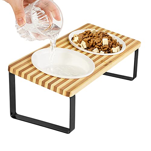 Sunhoo Ceramic Elevated Cat Bowls Raised Puppy Dishes for Food and Water Tilted Wooden Stand for Indoor Cats 5.5 inch Wide Double Dish Orthopedic Reduces Vomiting (Yellow&Brown)