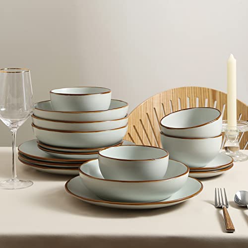 Stone Lain Brasa Stoneware 16 Piece Modern Dinnerware Set, Plates and Bowls, Service for 4, Light Green, Microwave & Dishwasher Safe by Stone Lain - Image 2