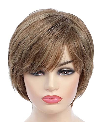 Jolnvca Pixie Cut Layered Short Brown Wigs With Bangs Straight Synthetic Hair Wigs For White Women (Blonde Mixed Brown) #TOP1