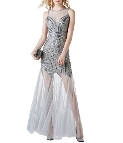 SERQUENIF Flapper Dress 1920s Gatsby Dress Sequin Flapper Dresses 20s Roaring Party Harlem Nights Cocktail Evening Gown X-Large Silver
