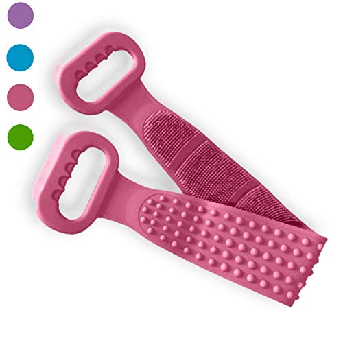 Silicone Back Scrubber for Shower - Deep Clean Double-Sided Exfoliator Massage Back Washer - Silicone Body Scrubber Belt for Man and Woman - Back Exfoliator for Shower (Pink)