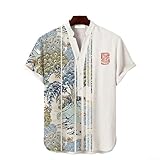 Camisa de manga corta con botones y cuello en V para hombre con auténtica impresión artística japonesa, adecuada para entornos casuales (L A)