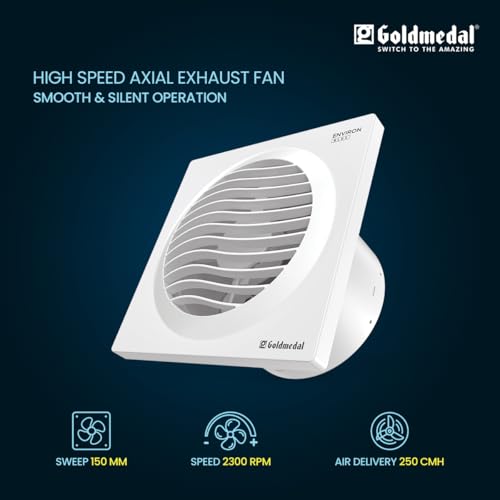 Image of Goldmedal Environ 150mm Energy Efficient 5-Watt BLDC Motor Axial Fan |CRNO Stamping |2 Years Warranty |Easy Installation |Powerful Exhaust |High Speed |Detachable Front Grill - White (Pack of 1) | High Speed ,Powerful Motor | 2300RPM | Noiseless Ventilation | Detachable Front Grill | - White