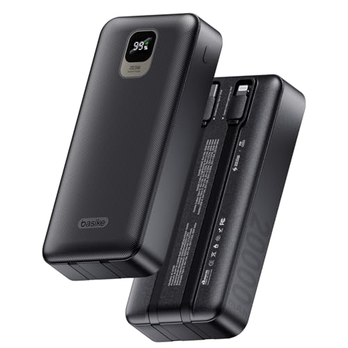 Basike Power Bank, Carregador Portátil Universal 20000mAh, USB-A(até 22.5W)+USB-C(até PD20W), com 2 Cabos Integrados (USB-C, Lightning) Carregamento Rápido (Preto)