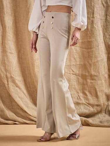 Image of Sassafras Women's Light Beige Front Button Flared Bell Bottom Pants-L