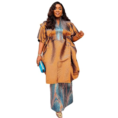 HD Stylish Mini Boubou Skirt Suit Sets for Woman Gold Brown 2 Pieces Dress 3XL