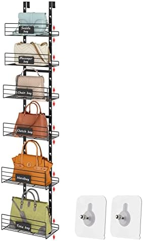 Hanging Purse Handbag Organizer Rack with Name Plate, Over The Door Detachable Bag Storage Rack - Can Use As 1/2 Part, Wall Mounted Adjustable Bag Rack with Stickers & Tapes, Suit for Small Backpack