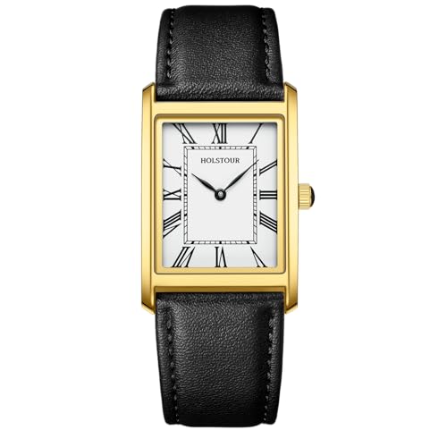 Watches for Men Business Simple Model Rectangle Roman Numerals Case Water Resistant with Leather Strap