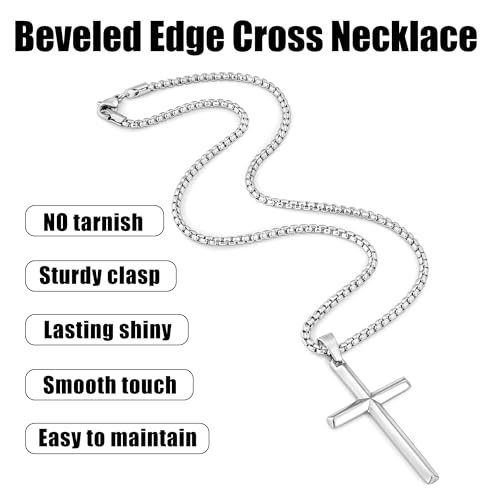 Fiusem Beveled Edge Cross Necklace for Men, Silver Tone/Black/14K Gold Plated Mens Cross Necklace, 2.5MM Stainless Steel Box Chain with Pendant4