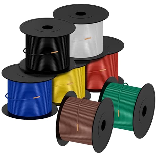 SUZCO 7 Pack 400FT 14 Gauge Automotive Primary Wire Spools Single Conductors CCA Low Voltage Electrical Hookup Wiring for Car Audio Stereo Trailer (Brown/Black/Red/Blue/Green/Yellow/White) by SUZCO - Used condition - US$46.07
